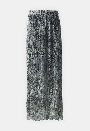 Hózagos maxi szoknya monokróm szürke és fekete mintákkal, rugalmas derékrésszel és könnyed, légies anyaggal.