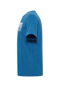 Blue short-sleeve T-shirt with a white horizontal lined graphic on the chest, shown from the left side on a white background.