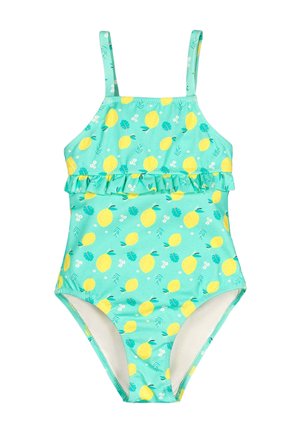 Bañador turquesa para niño pequeño con estampado de limones amarillos, tirantes ajustables y un detalle de volante en el pecho.