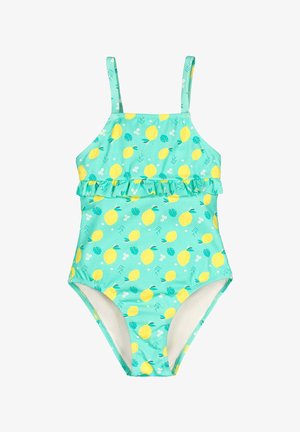 Bañador turquesa para niño pequeño con estampado de limones amarillos, tirantes ajustables y un detalle de volante en el pecho.