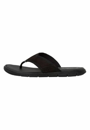 Sandale en plastique noir avec une bride supérieure texturée et une semelle rembourrée. Présente un design tongs et une semelle extérieure en caoutchouc flexible pour plus de confort.