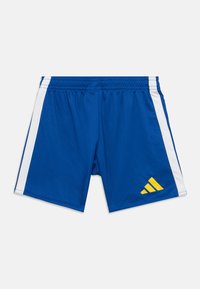 Μπλε αθλητικές βερμούδες με λευκές λωρίδες στο πλάι και κίτρινο λογότυπο στη κάτω δεξιά πλευρά του ποδιού, με ελαστική μέση.