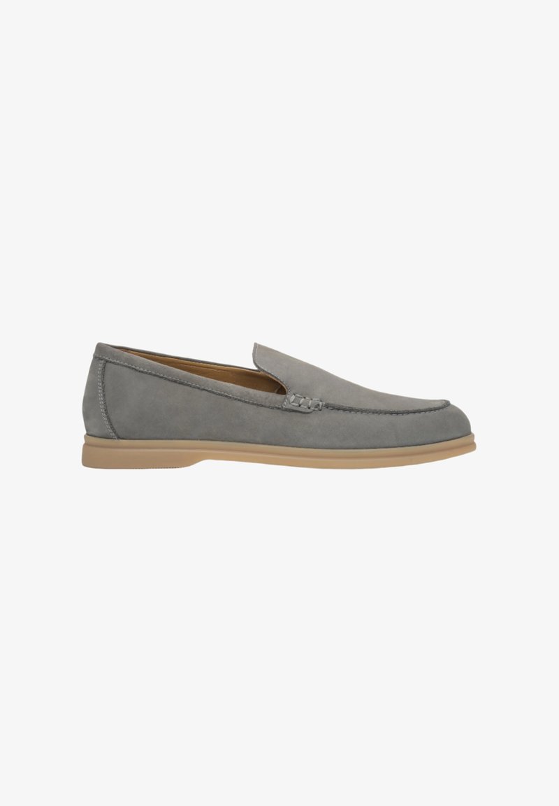 Grey slip-on shoes made of suede with a smooth texture, featuring a rounded toe and a slightly elevated tan rubber sole.