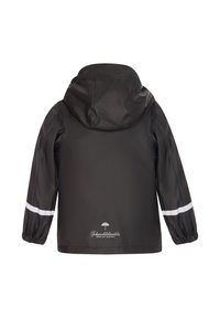 Juodas vandeniui atsparus džemperis su kapišonu, elastingomis rankogaliais ir baltais atspindinčiais raiščiais. Pastebima prekių ženklų savybė šalia sijono. Glotni tekstūra.