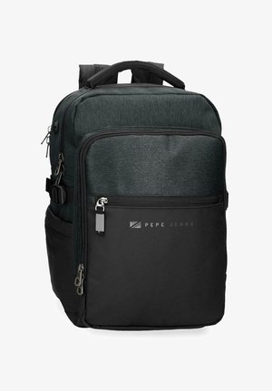 Zaino Pepe Jeans nero e grigio scuro con più scomparti con cerniera e manico imbottito sulla parte superiore.