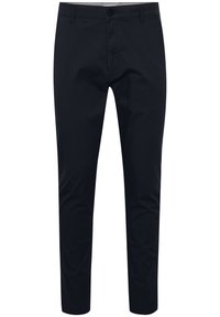 Chinos bleu marine en mélange de coton avec une coupe droite, dotés d'une fermeture par bouton, de passants de ceinture et de poches latérales. Texture lisse.