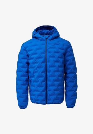 Giubbotto imbottito blu a trapunta con cappuccio, zip frontale, polsini elastici e tasche laterali con zip su sfondo bianco.