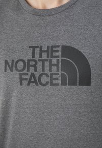 Šedé bavlněné tričko s černým grafickým logem "THE NORTH FACE" s designem půlměsíce a krátkými rukávy.