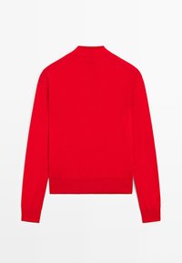 Maglione rosso con collo alto, maniche lunghe, polsini e orlo a coste. Realizzato in tessuto liscio; vista posteriore mostra un design pulito.