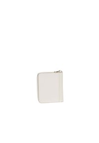 Portafoglio bianco con zip, dalla superficie testurizzata, caratterizzato da una forma rettangolare slim e dettagli di cucitura visibili lungo i bordi.