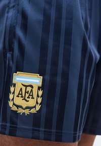 Σκούρο μπλε σορτς με κάθετες ρίγες και χρυσή κεντημένη σφραγίδα AFA που περιλαμβάνει μια οριζόντια μπλε και λευκή ρίγα και δάφνινα φύλλα.