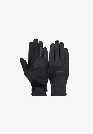 Black gloves made of a stretchy, soft material with a textured grip. Features a fitted wrist and logo detail on the palm.