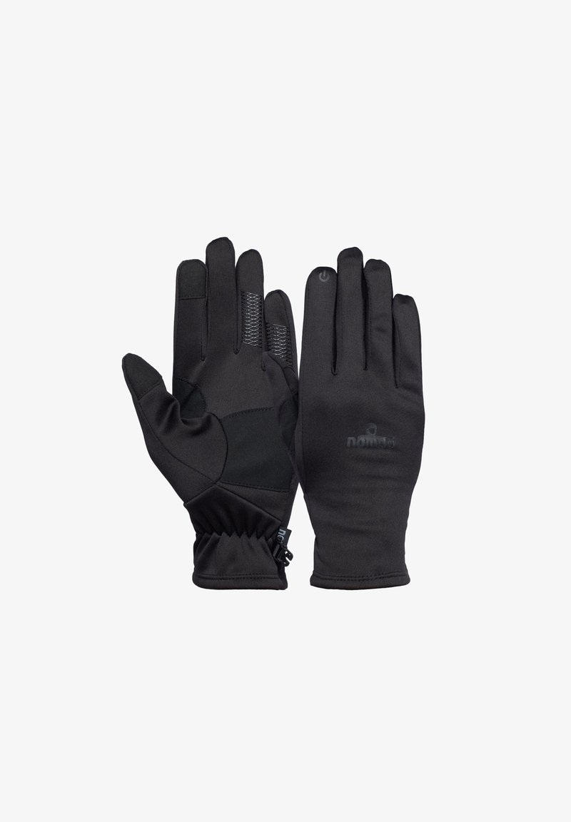 Schwarze Handschuhe aus einem dehnbaren, weichen Material mit rutschfester Oberfläche. Mit einem enganliegenden Handgelenk und Logodetail auf der Handfläche.