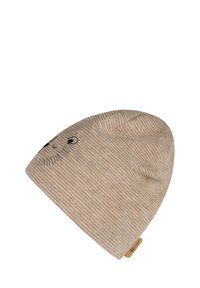 Striped beanie in beige with light and dark tones, featuring animal face embroidery and a small leather brand tag. Soft, knitted texture.