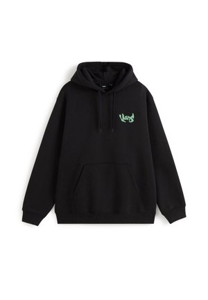 Zwarte hoodie van katoen met een voorzak en een groene grafische logo aan de linkerkant. Geribbelde boorden en onderrand.