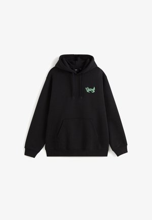 Black hooded sweatshirt in cotton material featuring a front pocket and a green graphic logo on the left side. Ribbed cuffs and hem.