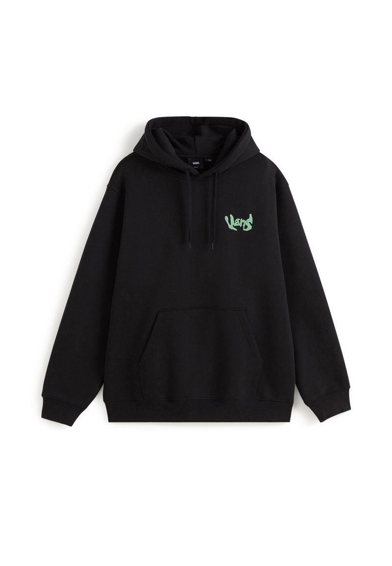 Felpa con cappuccio nera in materiale cotone, dotata di una tasca frontale e di un logo grafico verde sul lato sinistro. Polsini e fondo a coste.
