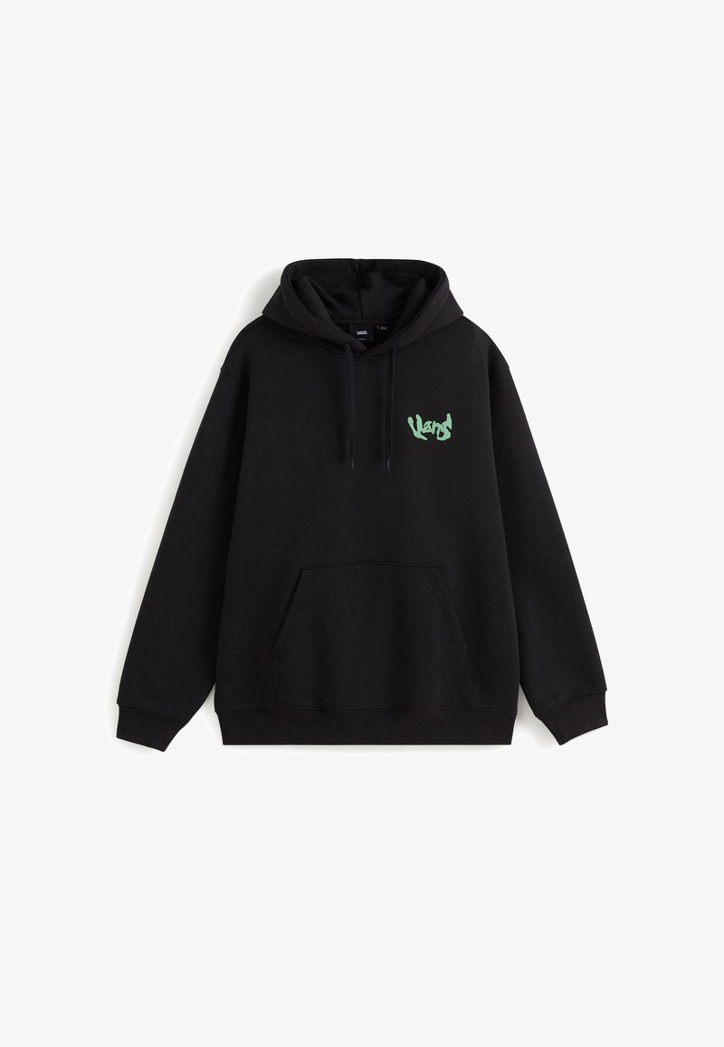 Felpa con cappuccio nera in materiale cotone, dotata di una tasca frontale e di un logo grafico verde sul lato sinistro. Polsini e fondo a coste.