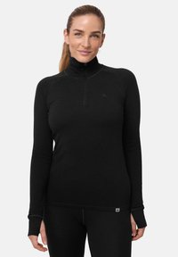Pull noir à manches longues avec un col haut, un décolleté zippé, un design sans couture et des ouvertures pour les pouces aux poignets. Texture douce sur toute la surface.