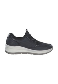 Black athletic shoes with a smooth leather upper, white midsole, textured rubber sole, and black laces. Features a padded collar and tongue.