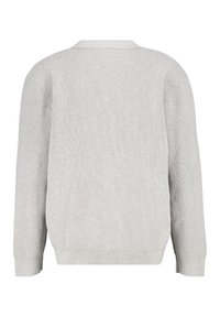 Harmaa neulepaita, jossa on tekstuuri, pitkät hihat sekä ribbaus helman ja hihansuiden kohdalla. Yksinkertainen malli, jossa on klassinen kaulus.