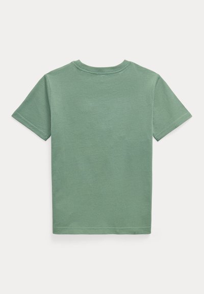 T-shirt vert uni à manches courtes, posé à plat, montrant le dos avec un col rond et des coutures simples.