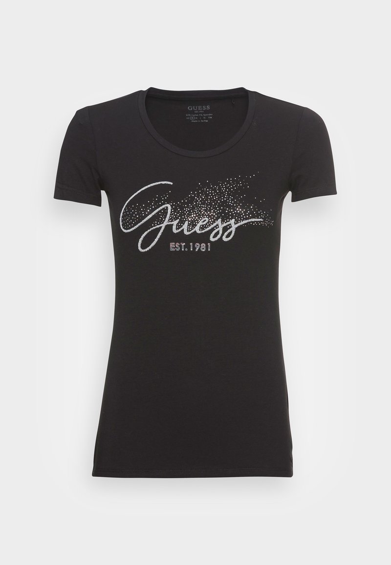 Czarny, dopasowany T-shirt z krótkim rękawem, okrągłym dekoltem i połyskującymlogo "Guess EST. 1981" na piersi.