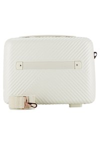 Borsa a tracolla bianca trapuntata con superficie testurizzata, forma rettangolare, supporto per la tracolla frontale e tracolla in canvas removibile con gancio metallico.