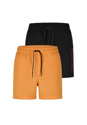 Deux paires de shorts de bain pour homme, un orange et un noir avec cordons ; la paire noire a un texte rouge "JONES" sur le côté.
