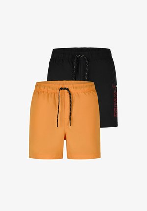 Deux paires de shorts de bain pour homme, un orange et un noir avec cordons ; la paire noire a un texte rouge "JONES" sur le côté.