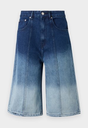 Denim shorts featuring a gradient from dark blue at the top to light blue at the bottom, with a relaxed fit and front pockets.