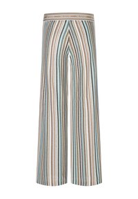 Hose mit weitem Bein und vertikalen Zickzackstreifen in Blau, Braun, Schwarz und Weiß, mit einem beigen elastischen Bund, auf dem "THE FUTURE" steht.