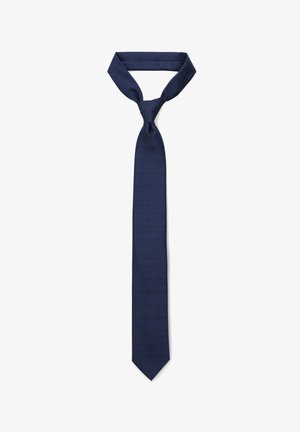 Granatowy krawat z delikatnym wzorem w kratę, zawiązany klasycznym węzłem, przedstawiony na białym tle.