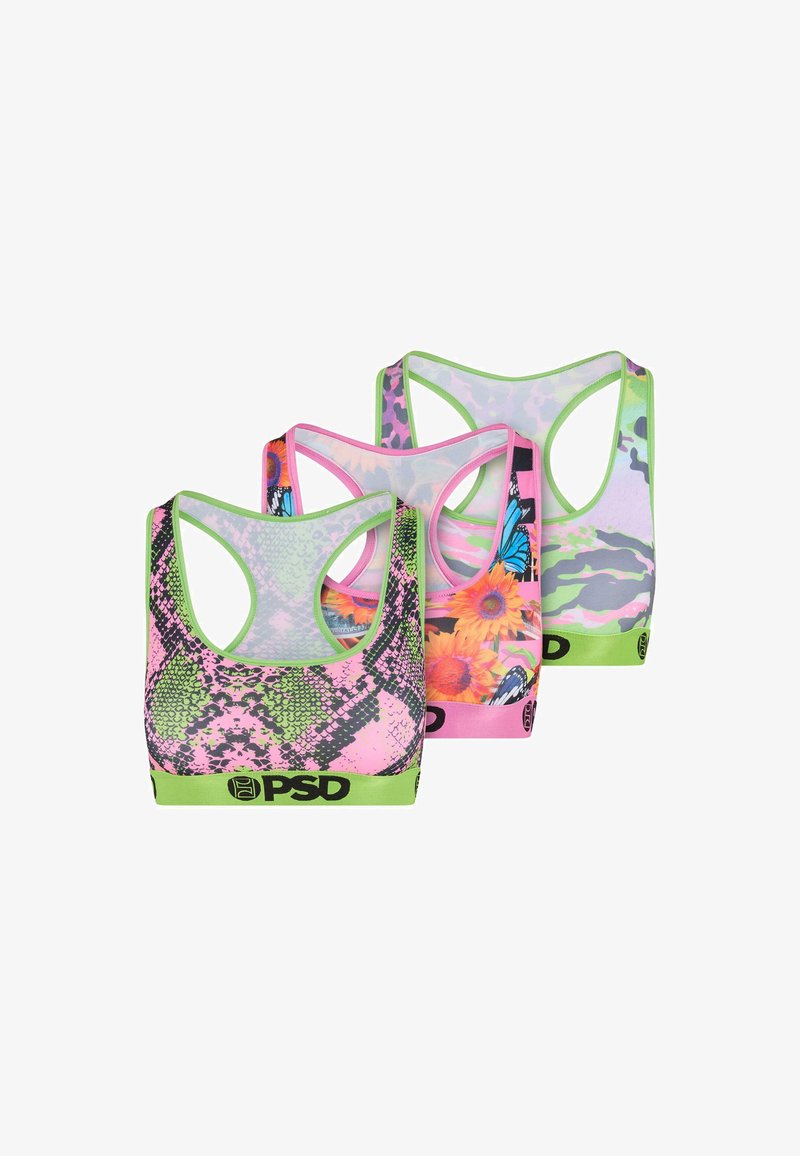 Kolm sportbraid värviliste mustritega: üks roosa ja rohelise rästiku mustriga, üks lillede ja liblikate disainiga ning üks kamuflaažimuster.