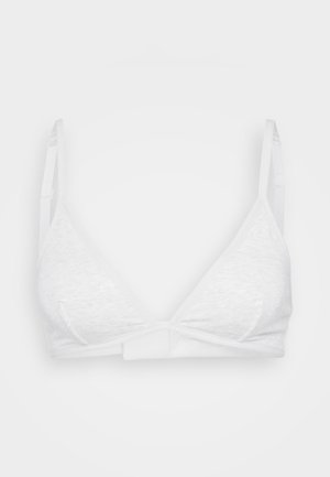 Bralet alb în formă de triunghi, realizat dintr-un material moale și elastic. Are bretele ajustabile și o închidere frontală. Design simplu și minimalist.