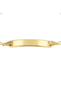 Pulsera de oro con un acento rectangular liso y plano en el centro, conectado por cadenas delgadas, creando un diseño aerodinámico.