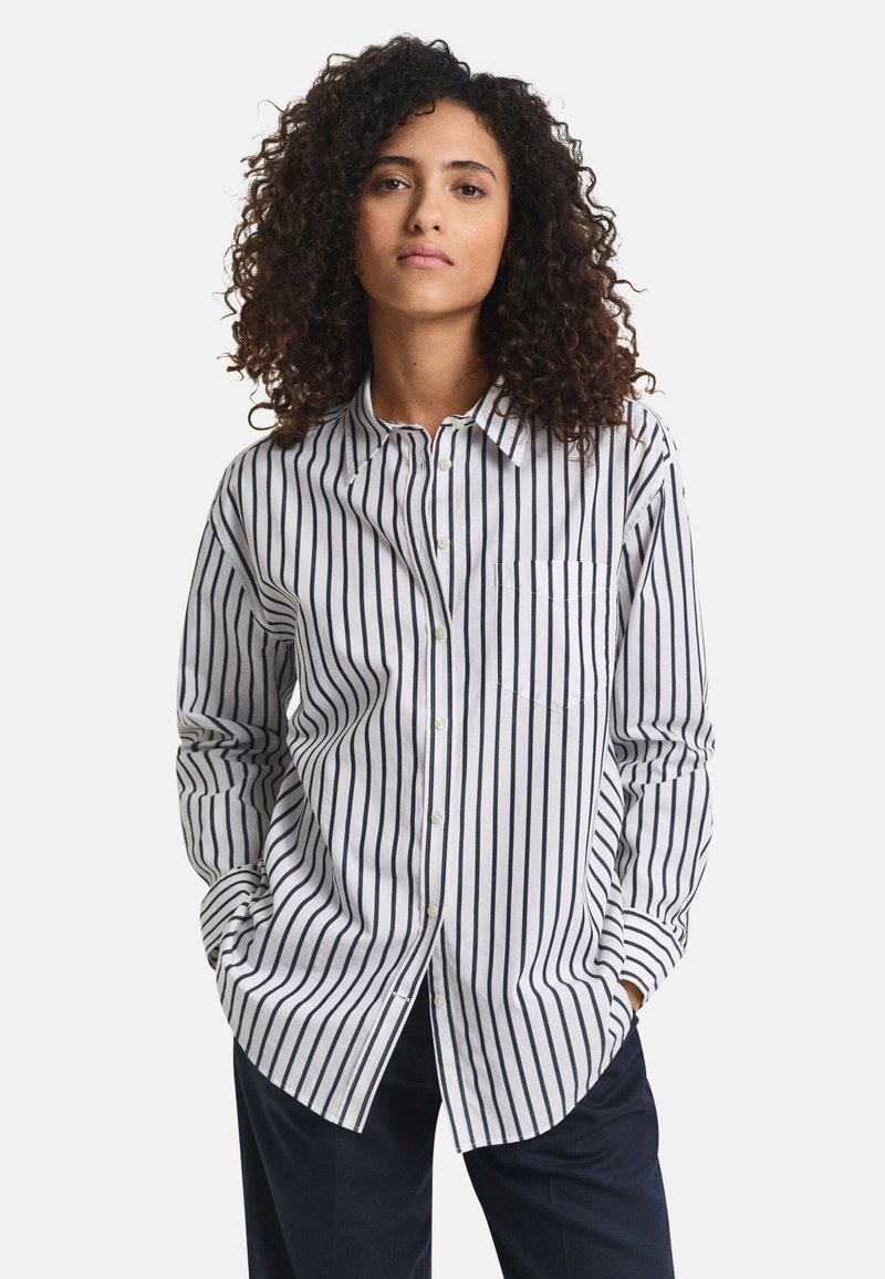 Gestreifte Hemdbluse in Weiß und Marineblau, mit einem klassischen Kragen, langen Ärmeln und einer Brusttasche, aus einem weichen Stoff gefertigt.