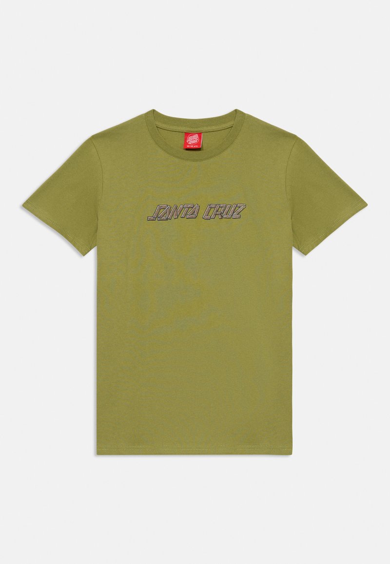 Olivgrön bomullströja med korta ärmar, rund hals och "JANTA CRUZ"-logotyp tryckt i en kontrasterande textstil på framsidan.