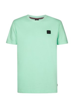 Mintgroen katoenen T-shirt met korte mouwen, ronde halslijn en een klein zwart label op de borst. Zachte textuur en eenvoudig ontwerp.