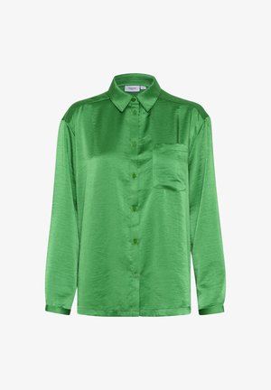 Zelena satenasta srajca z dolgimi rokavi, gumbom spredaj, enim žepom na prsih in gladko teksturo. Ovratnik in manšete se ujemajo s tkanino.