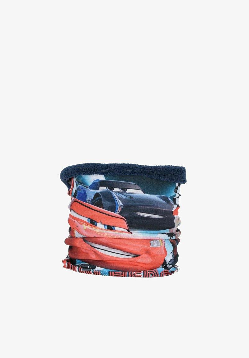 Écharpe tube rouge et noire en tissu doux, ornée de motifs de voitures de dessin animé sur un fond vibrant, avec un bord supérieur en polaire bleu marine.