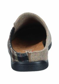 Felt slip-on shoe with a soft, textured upper in earthy tones, and a black rubber sole. Interior has a brown cushioned footbed.