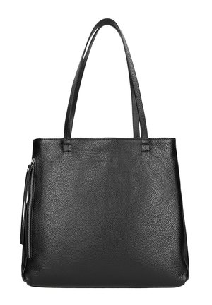 Schwarze Leder-Tote-Tasche mit strukturierter Oberfläche, geraden Kanten und zwei langen Griffen. Verfügt über eine mit Reißverschluss verschließbare Seitentasche für zusätzliche Funktionalität.