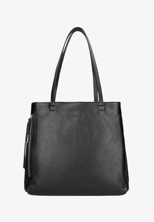 Zwarte leren tote bag met een gestructureerde afwerking, rechte randen en twee lange handvatten. Beschikt over een ritsvak aan de zijkant voor extra functionaliteit.