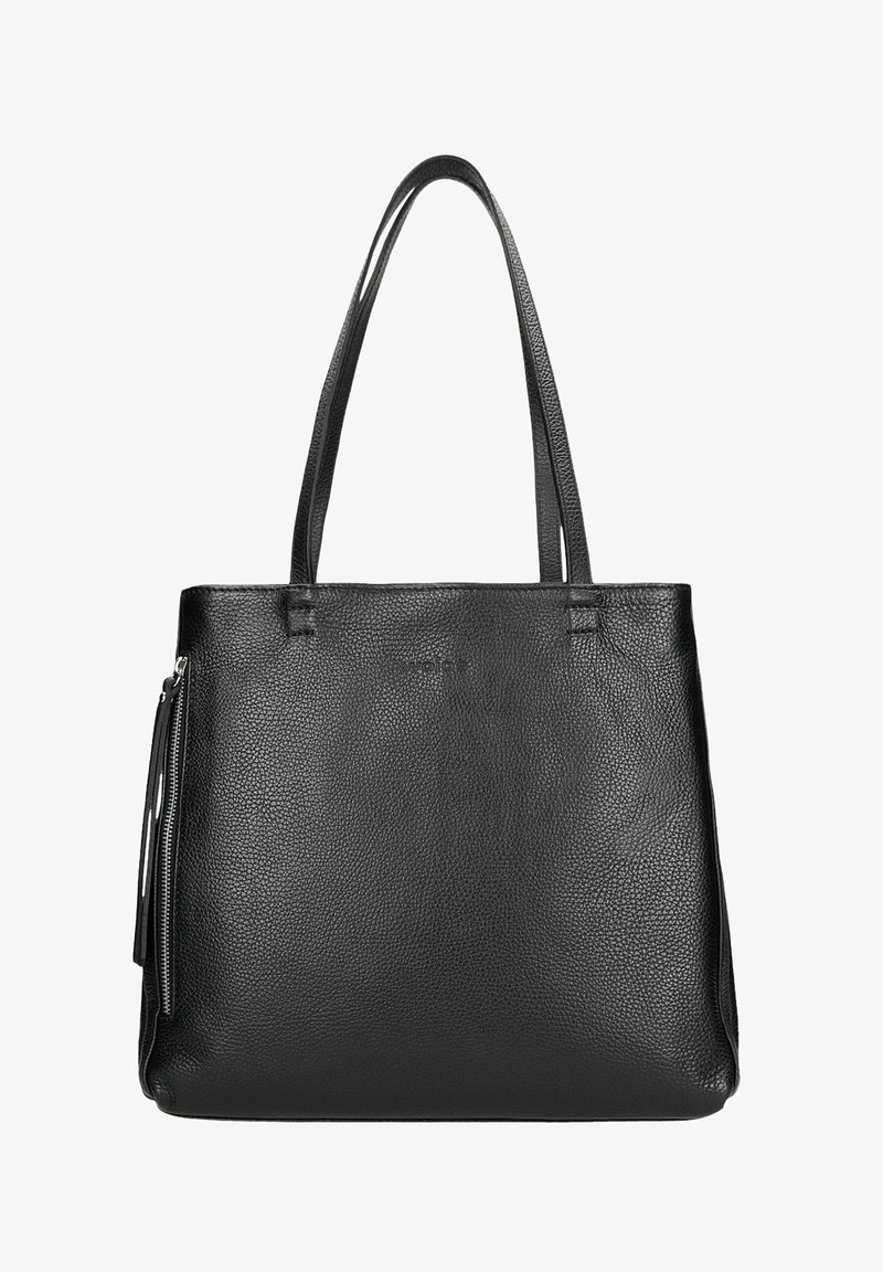 Borsa a tracolla in pelle nera con finitura strutturata, bordi dritti e due manici lunghi. Presenta una tasca laterale con zip per una maggiore funzionalità.