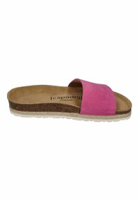 Pink suede slide sandal with cork footbed and white rubber sole. Open-toe design features a wide strap. Textured interior.