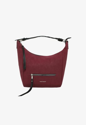 Bordeaux synthetisch leren schoudertas met een zwarte ritstas, bovenhandvat en een elegante gebogen vorm. Voorzien van zilveren hardware accentueringen.