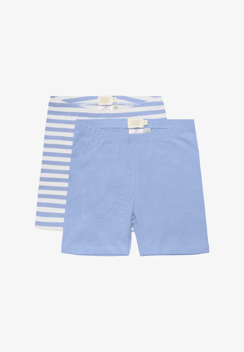 Zwei Shorts: eine einfarbig hellblau und eine gestreift in hellblau und weiß. Beide aus weichem Baumwollstoff mit elastischen Bündchen.