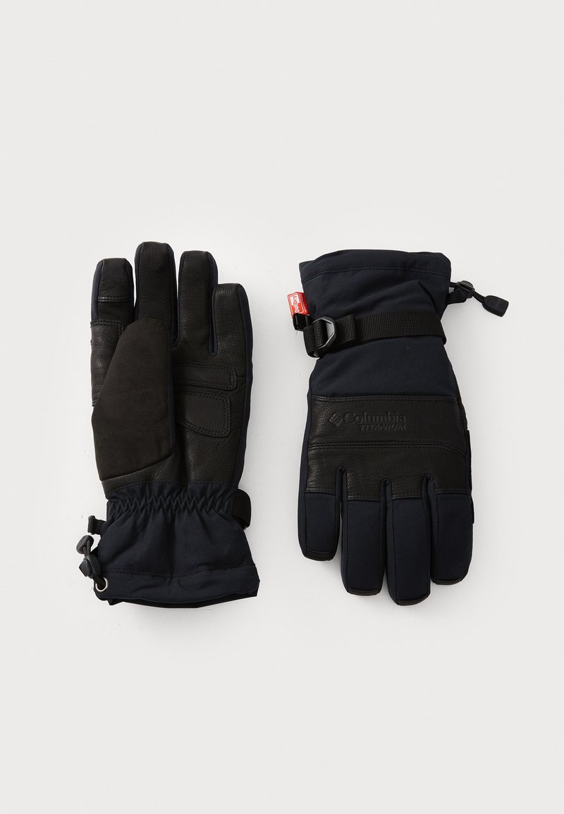 Navy blue winter gloves with black leather palm and fingers. Adjustable wrist strap and elastic cuff for a secure fit. Features durable material.