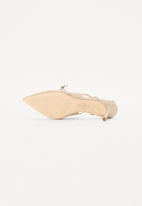 Chaussure à talons hauts en daim beige avec un bout pointu et une bride au cheville. Elle possède une semelle texturée et un petit talon transparent.